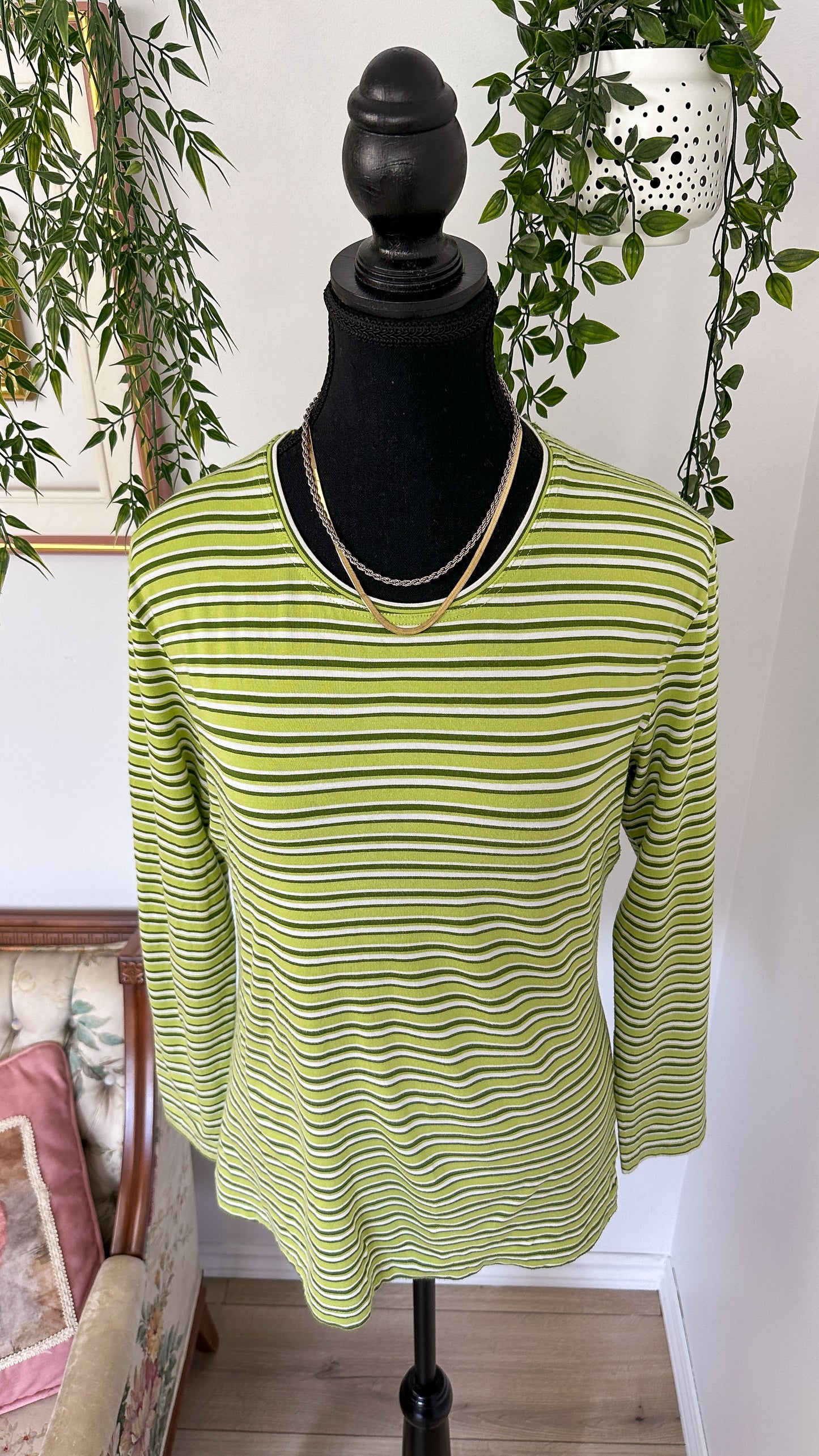 Olsen Green Striped Thin Sweater - Large