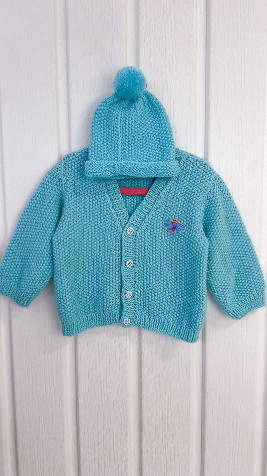 Enfants- Cardigan tricot bleu avec tuque- 2