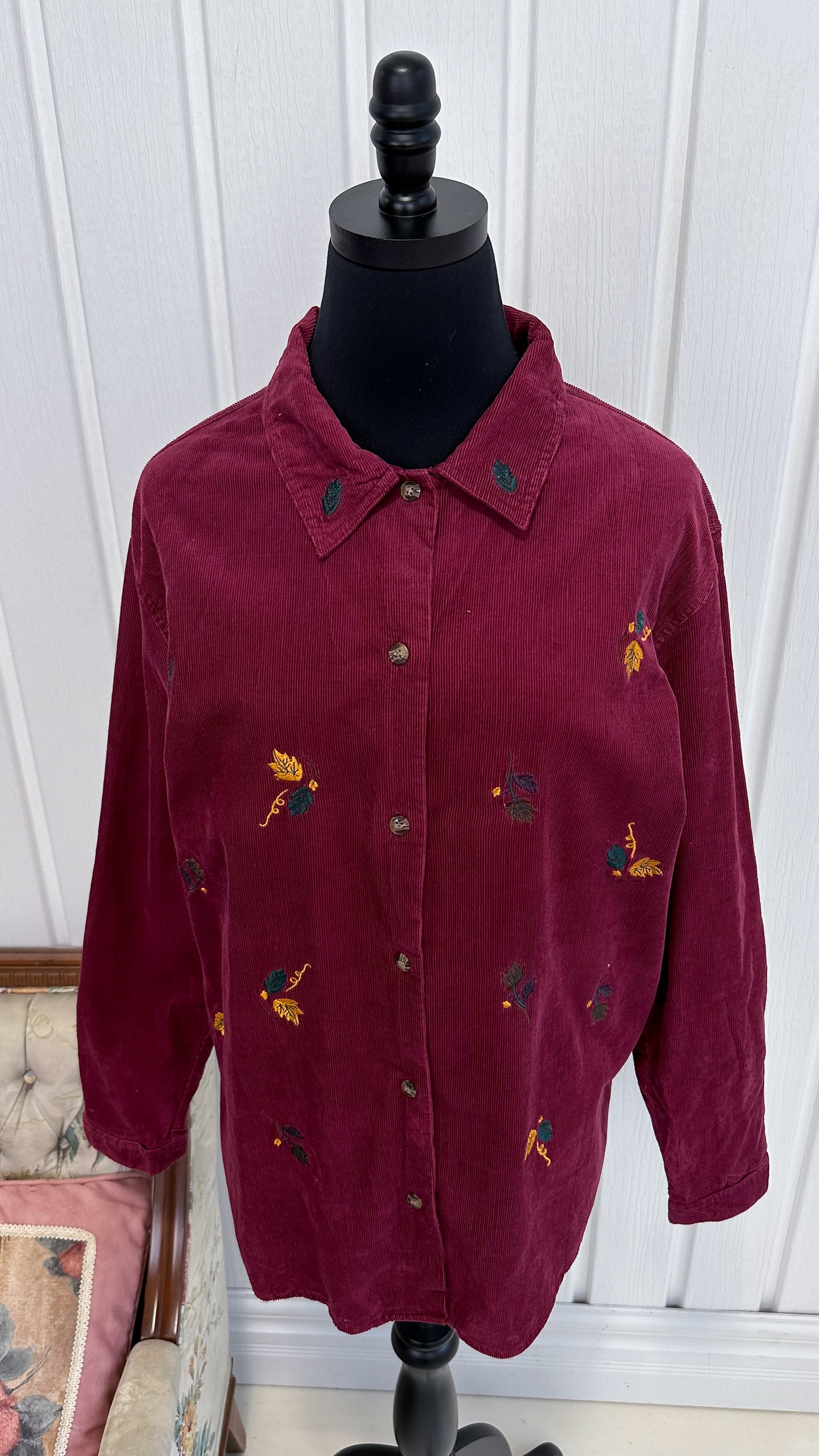 Burgundy corduroy blouse leaves- large