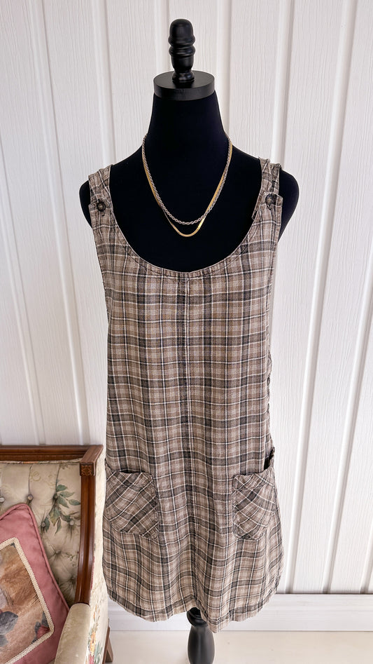 Beige plaid linen dress - x-large