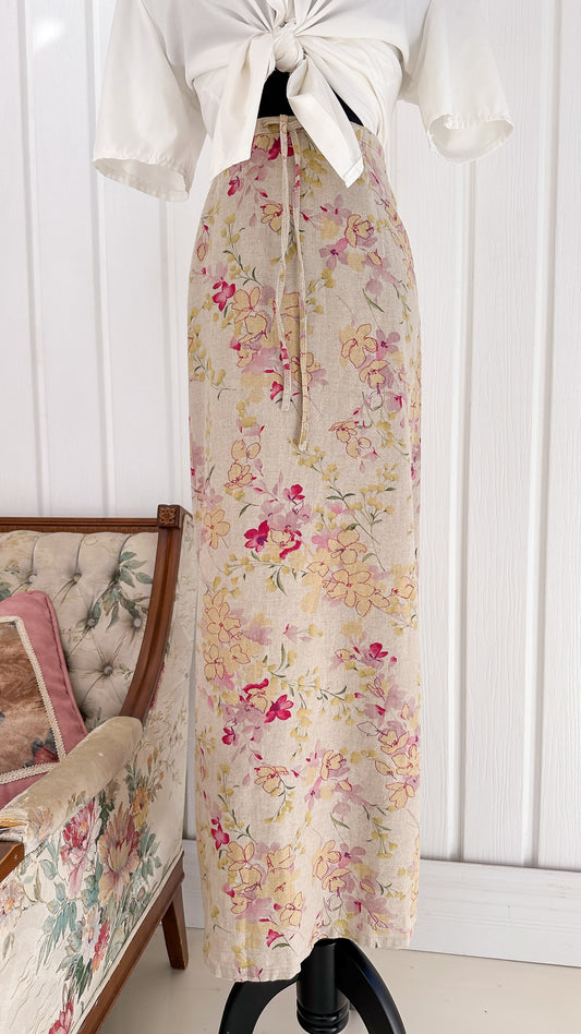 Pink floral linen skirt - small