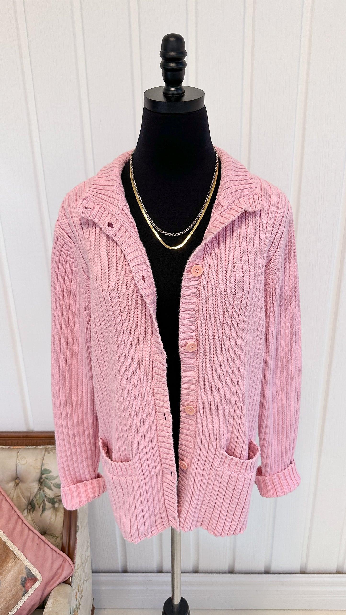 Cardigan tricot côtelé rose- medium