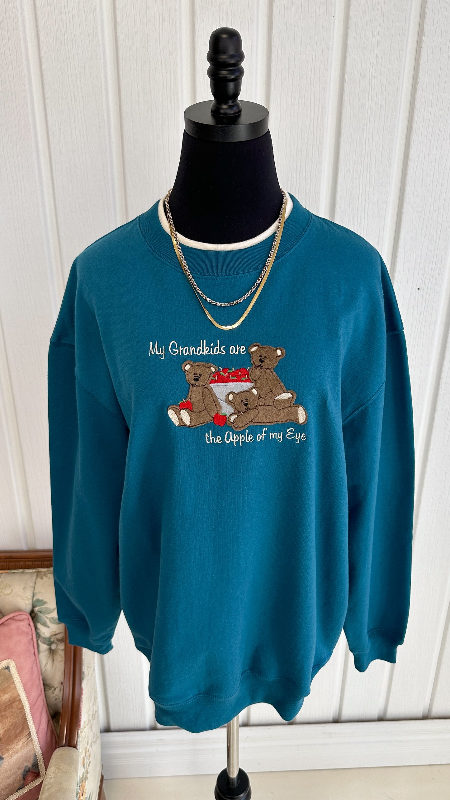 Turquoise teddy bear crewneck sweater - large