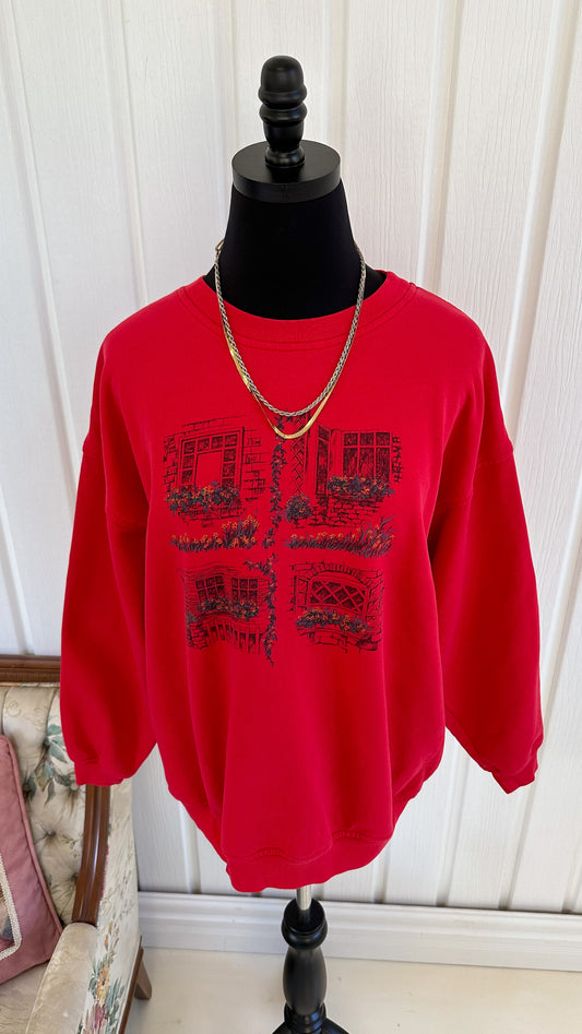 Chandail crewneck rouge fenêtres- medium