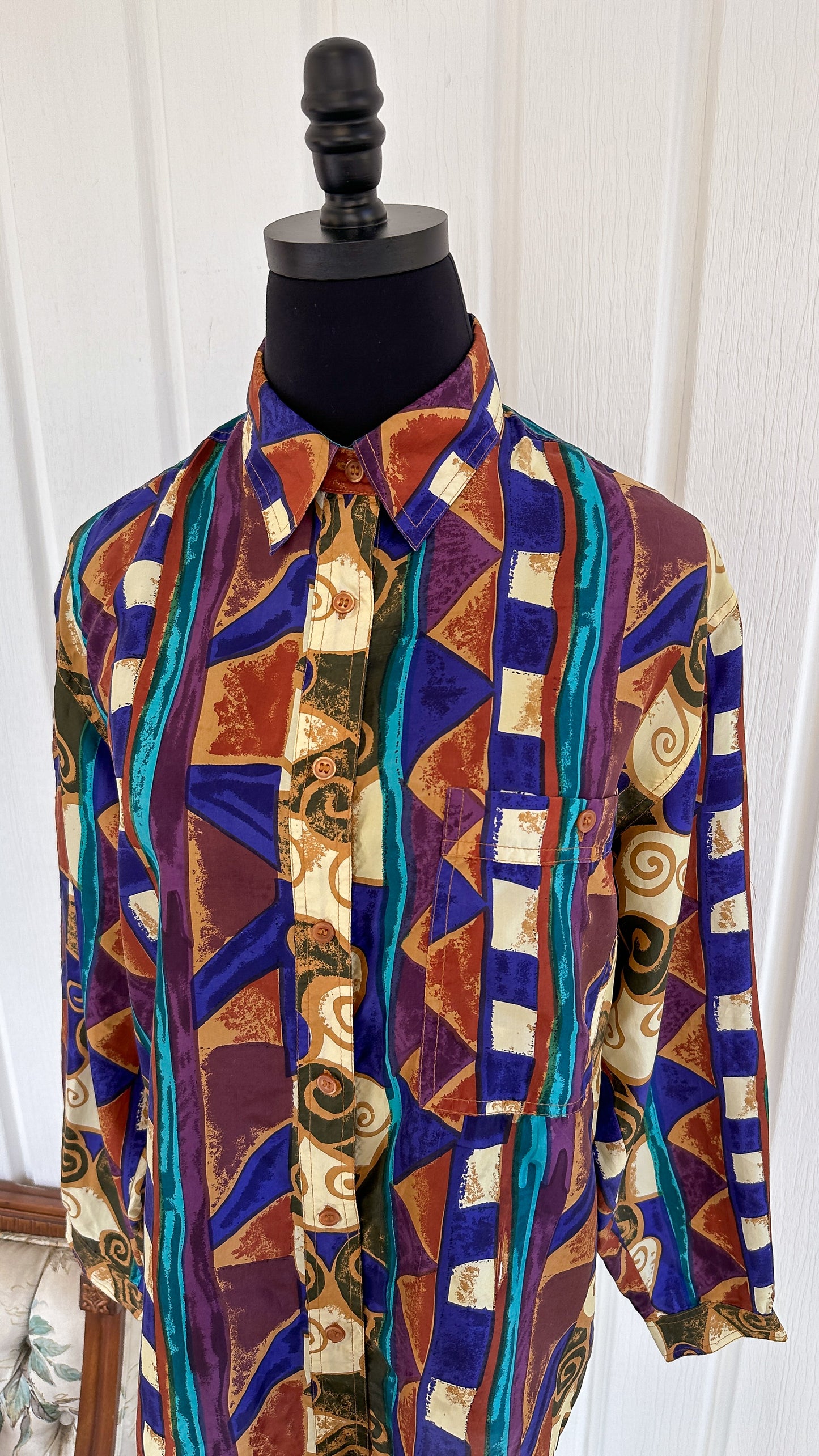 Geometric Pattern Silk Blouse - Medium