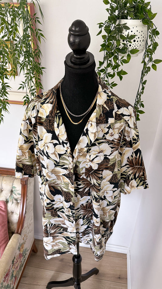 Brown and green tropical floral blouse - plus size