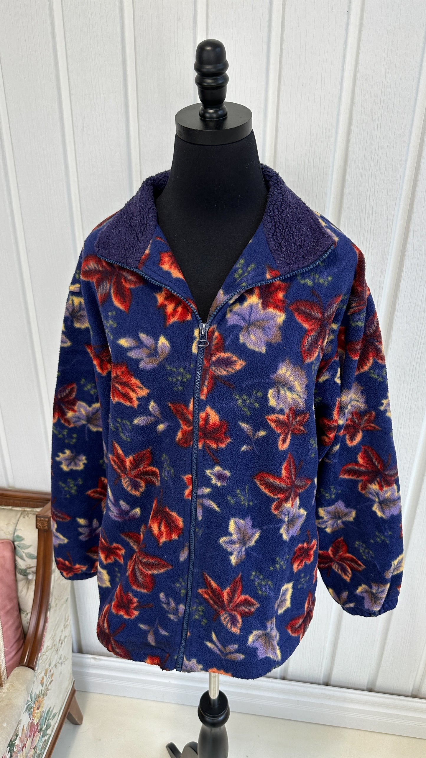 Blue fleece jacket with red leaves - medium