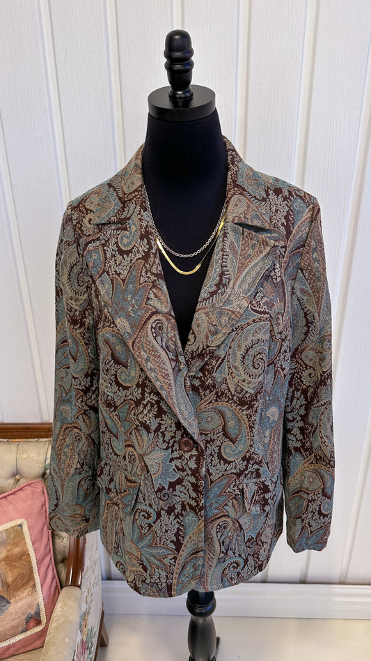 Brown blazer with blue damask patterns - large