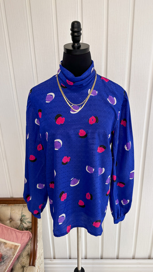 Blue polka dot blouse with high collar - large