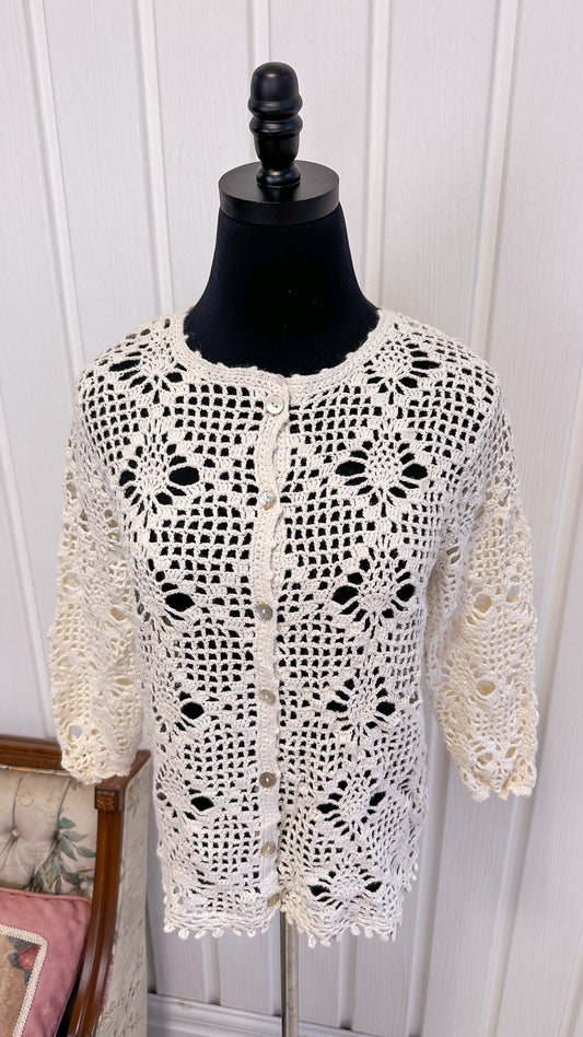 Cardigan crochet blanc crème- small