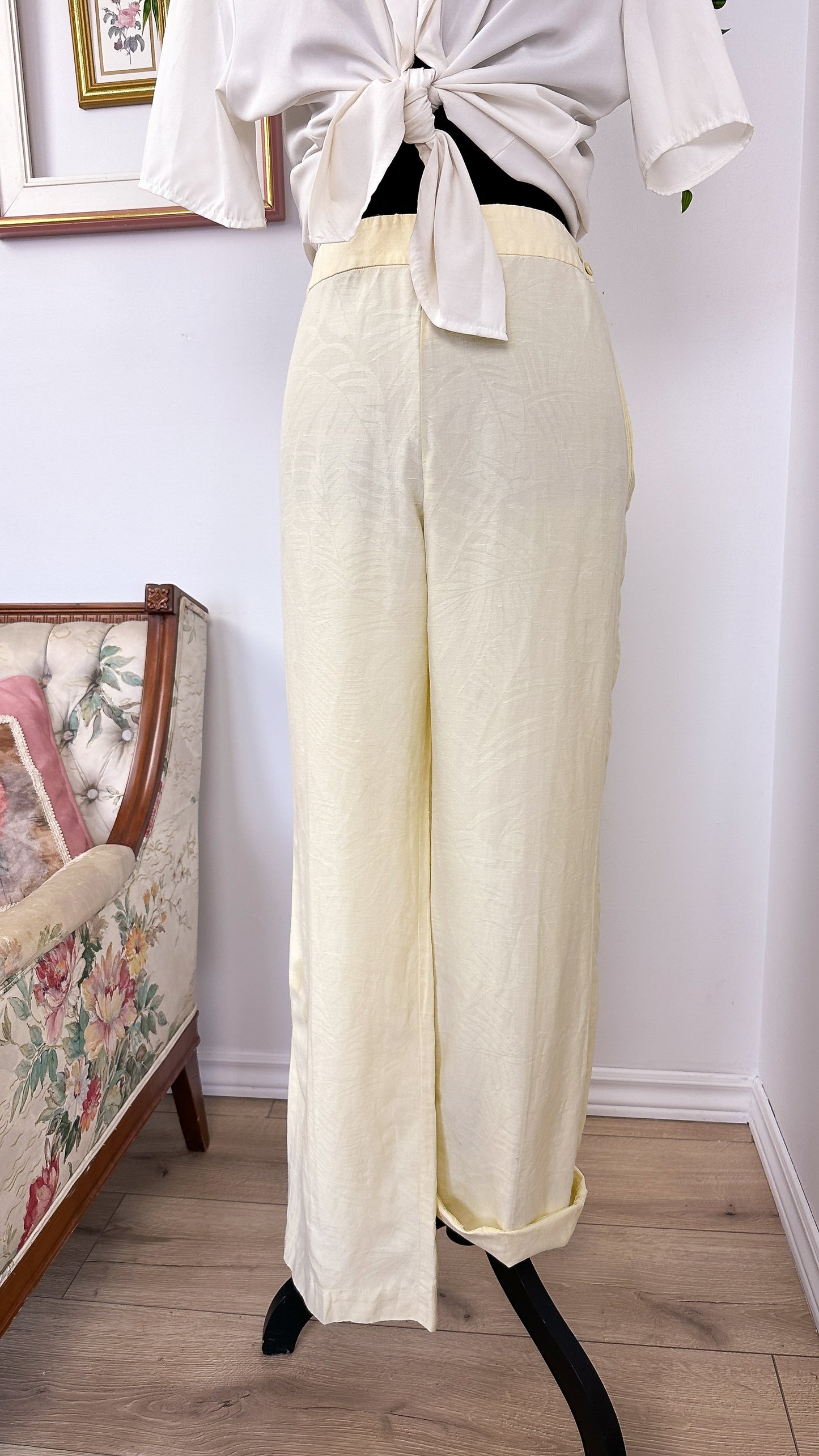 Pantalons jaune motifs palmiers en soie et lin- large