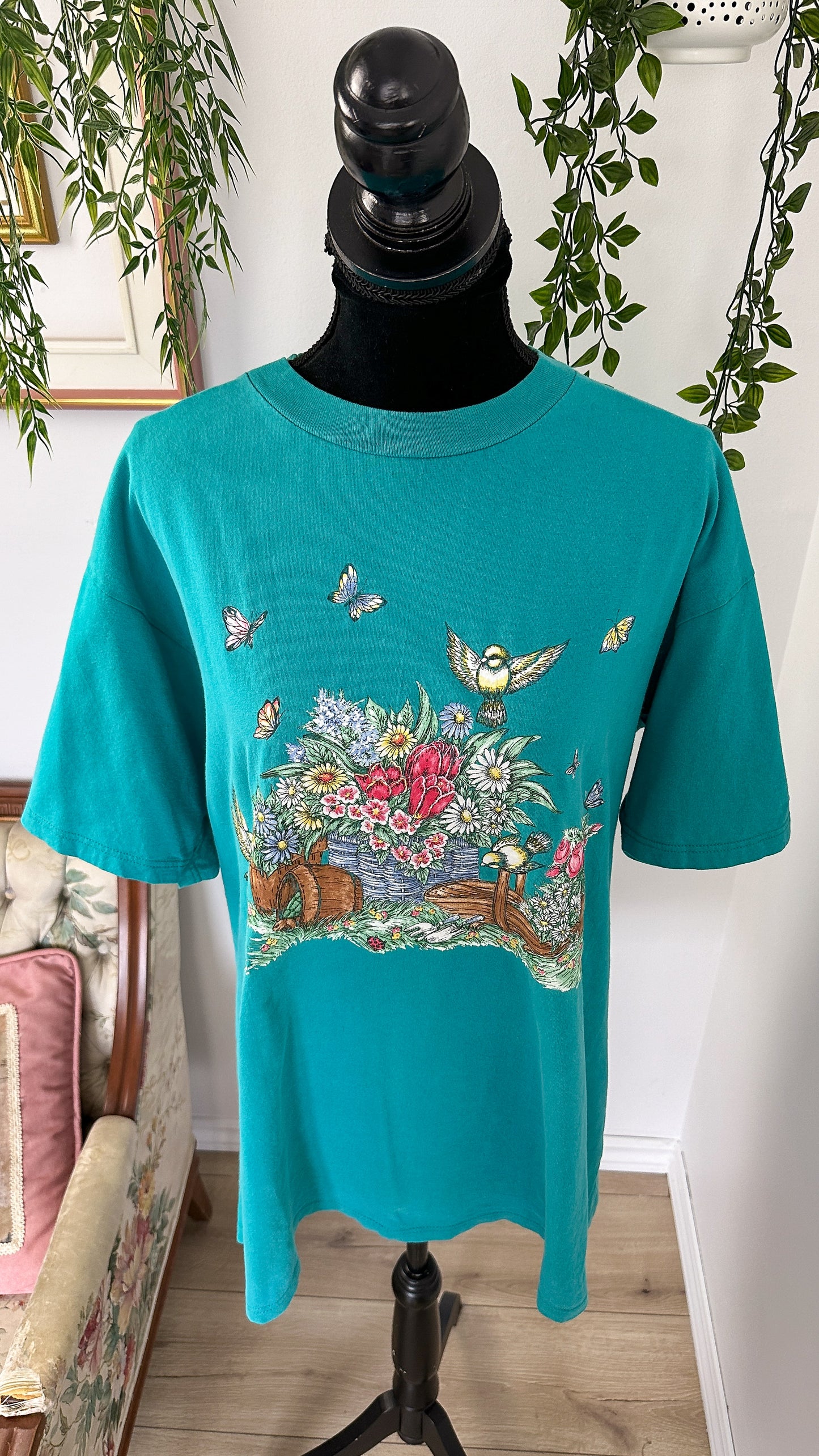 T-shirt turquoise fleuris et oiseaux- large