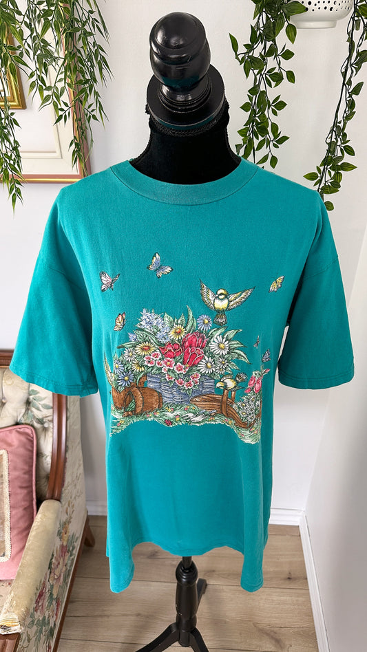 Turquoise floral and bird t-shirt - large