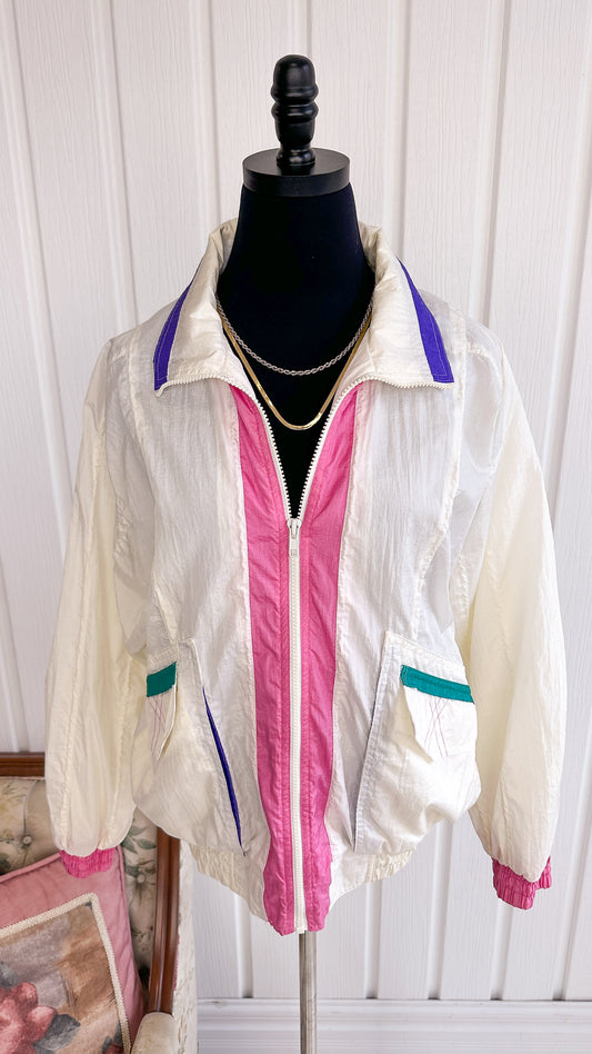 White, pink, turquoise and mauve windbreaker coat - medium