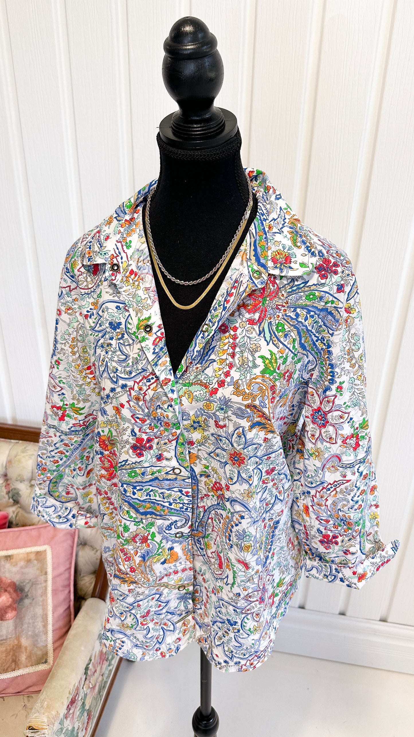 White blouse with multicolored flowers - large