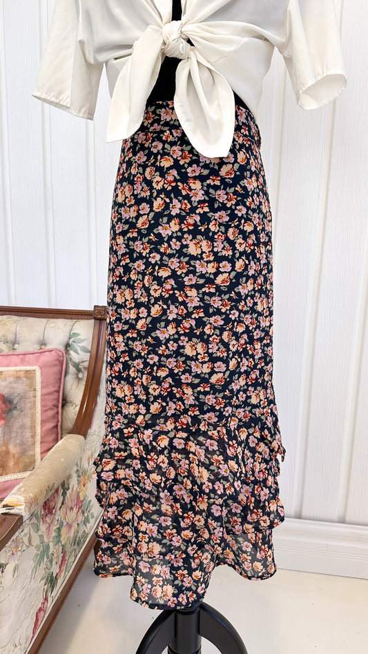 Pink floral navy skirt - medium