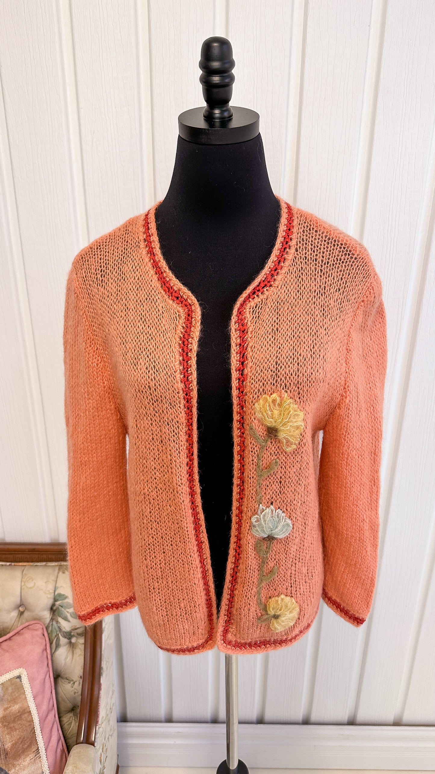 Peach floral knit cardigan - medium