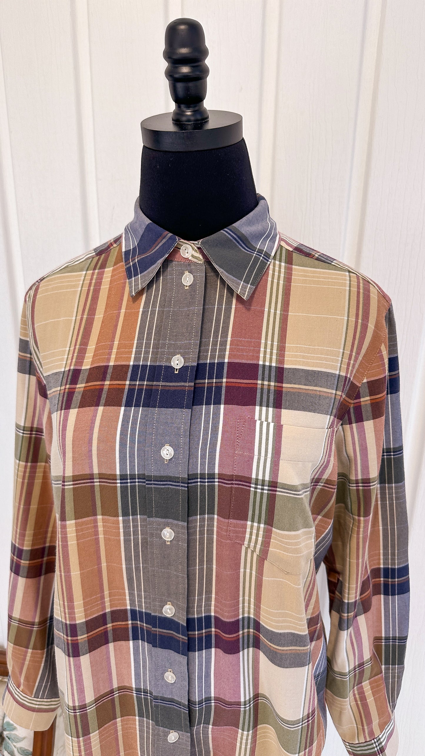 Beige, red and blue plaid blouse - medium