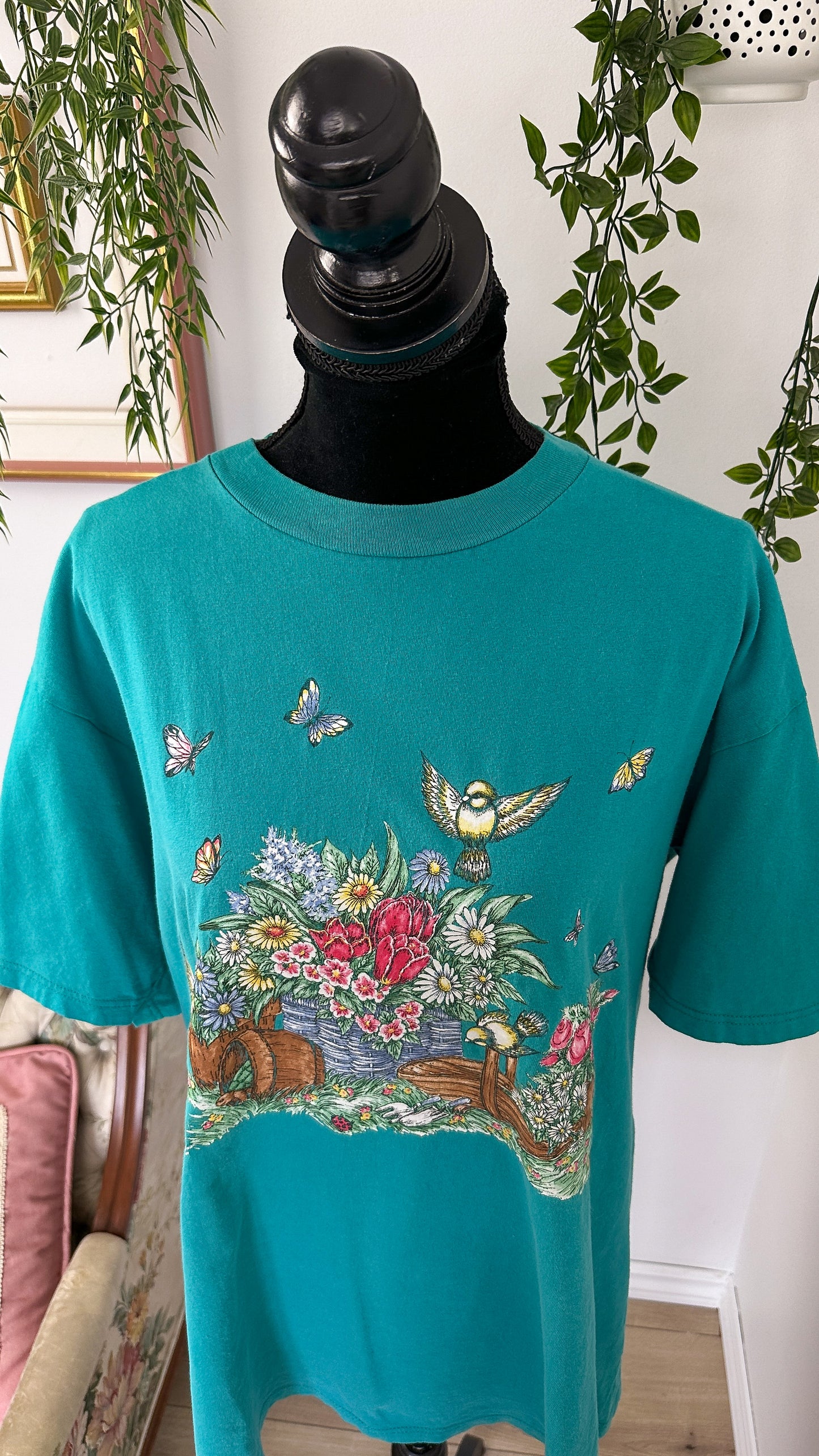 T-shirt turquoise fleuris et oiseaux- large