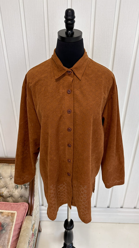 Perforated Faux Suede Blouse - x-large