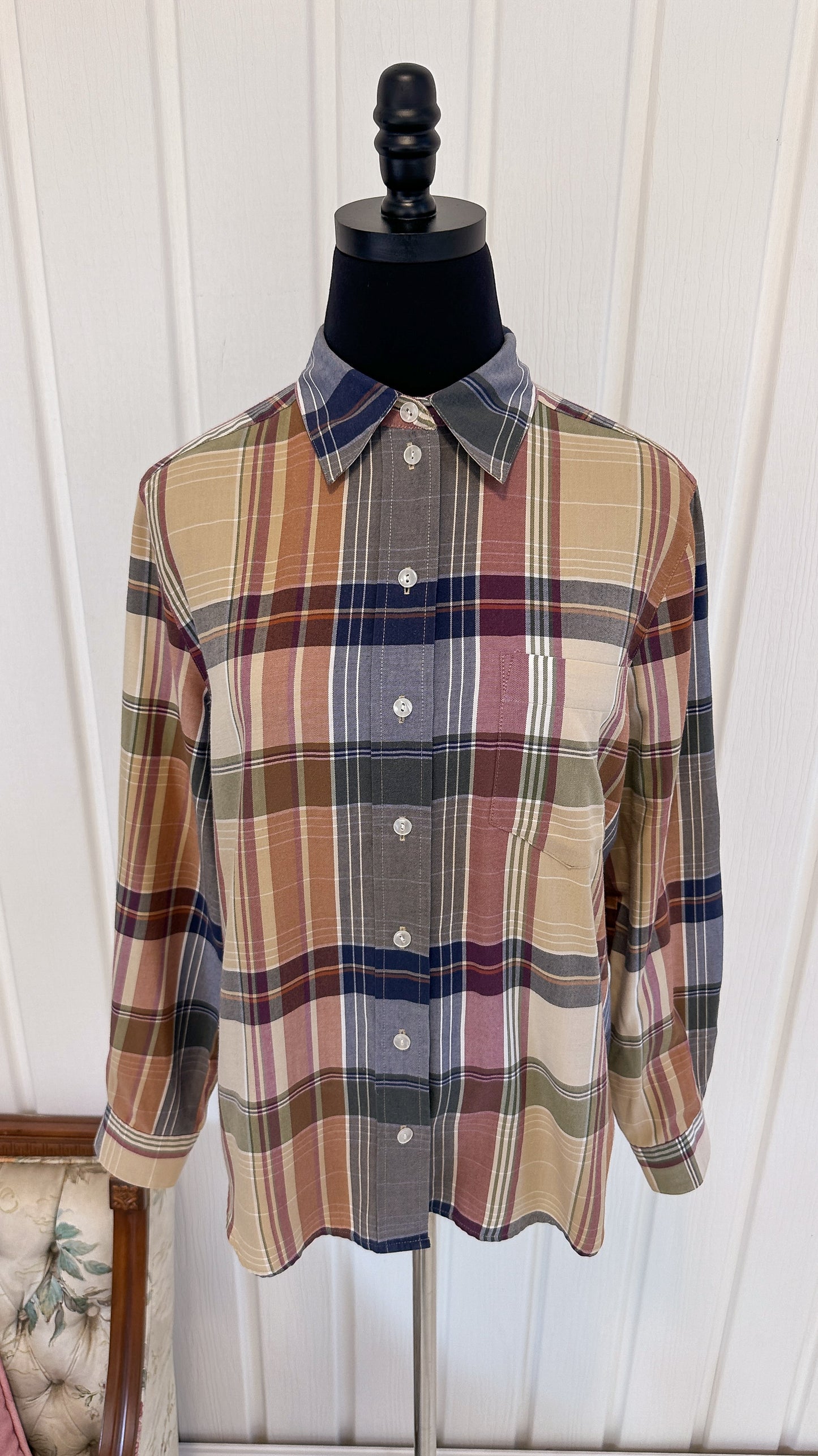 Beige, red and blue plaid blouse - medium