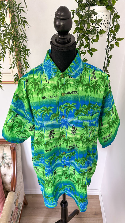 Green and blue palm tree blouse - x-large