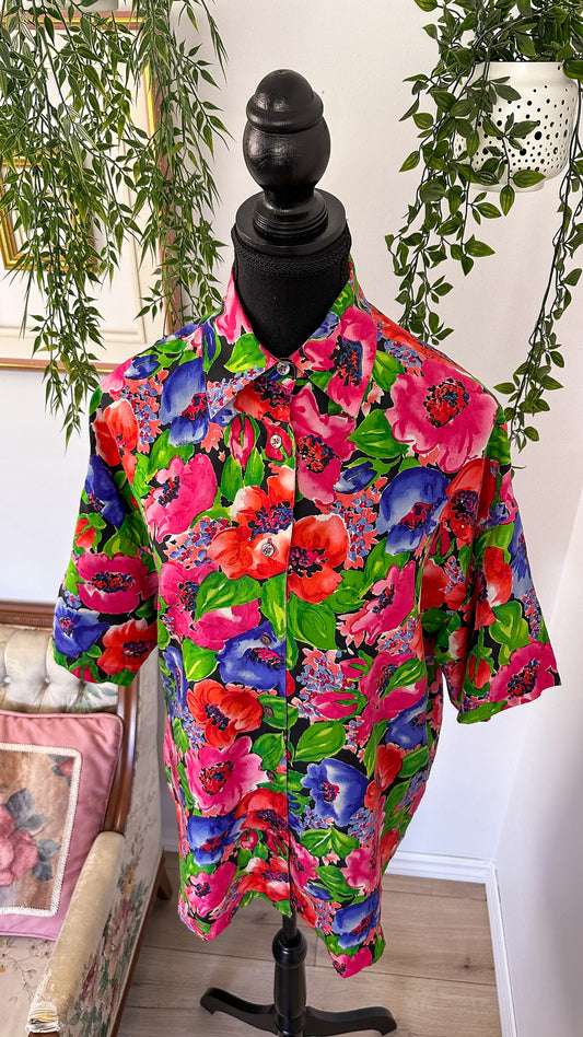 Black floral silk blouse - large