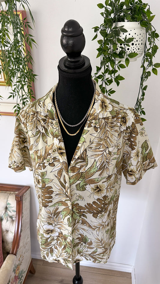 Beige tropical floral blouse - small