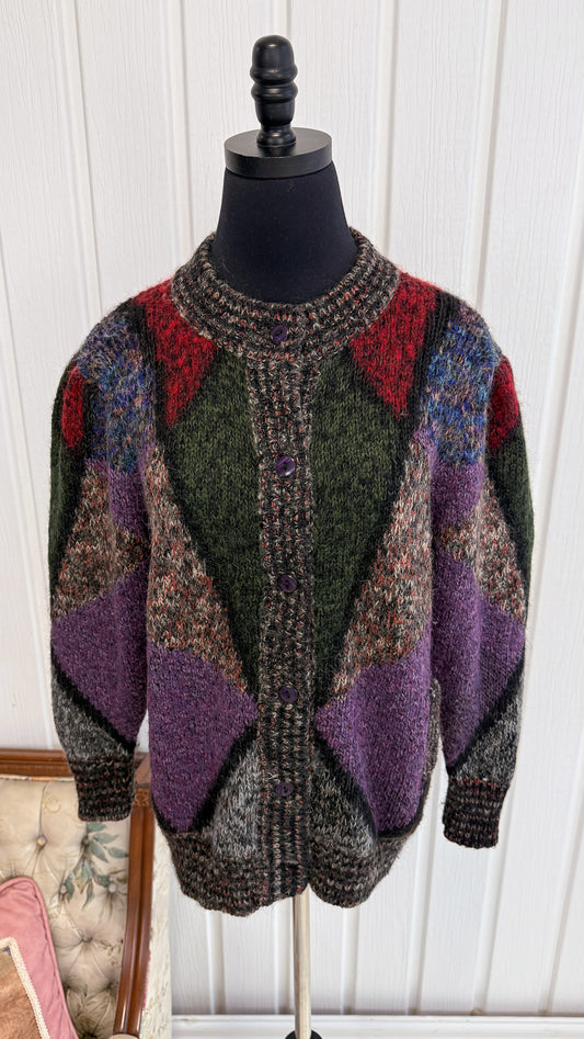 Cardigan tricot mauve,vert et rouge- medium