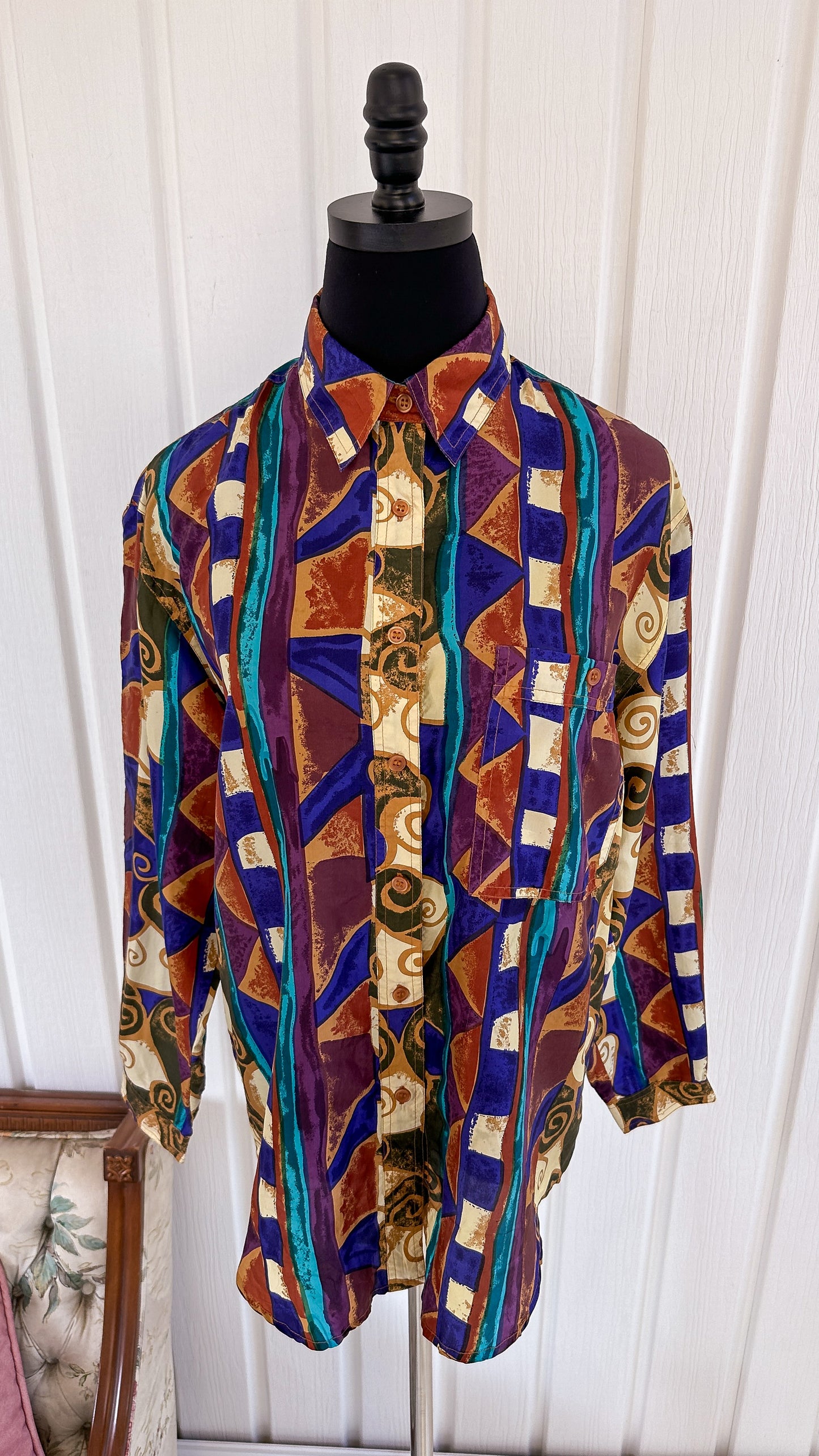 Geometric Pattern Silk Blouse - Medium