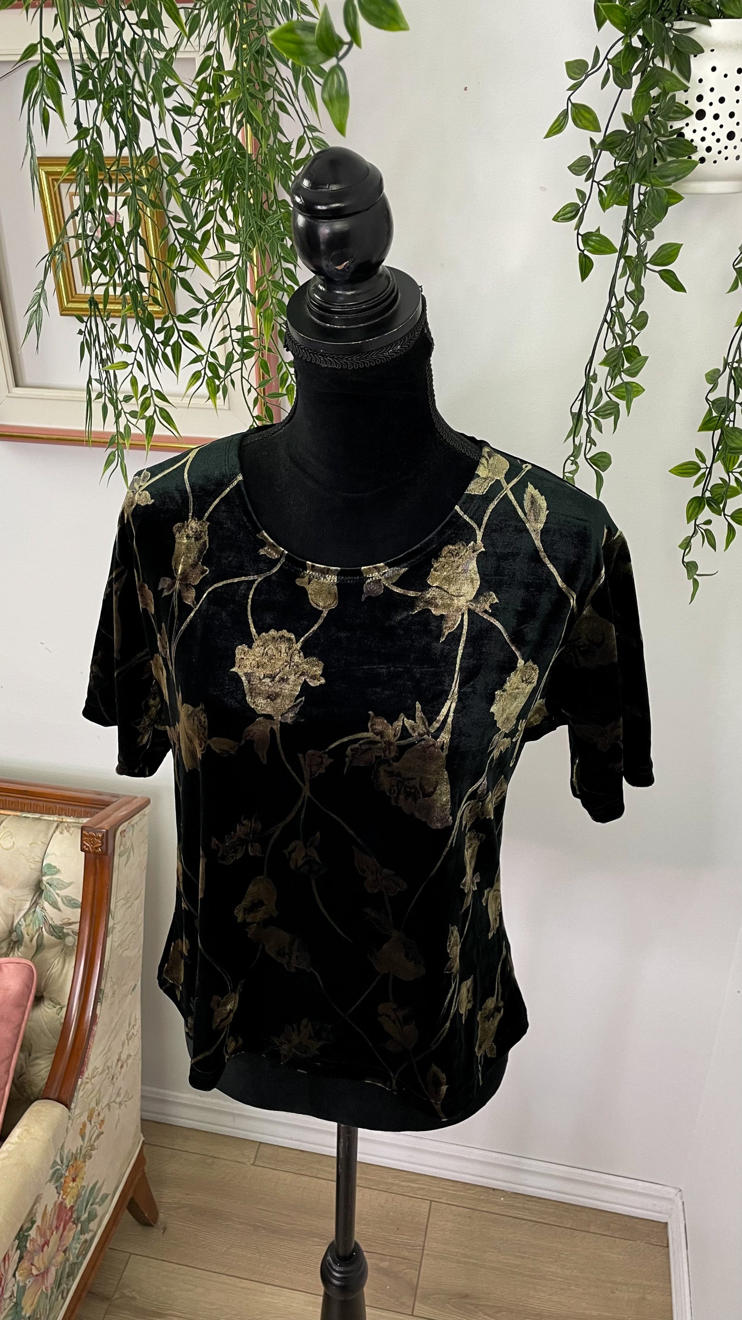 T-shirt en velours fleuri doré- medium